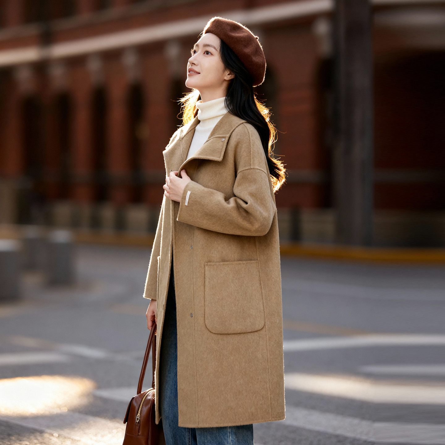 Basic House/百家好绵羊毛100%中长款双面呢大衣女冬季气质风外套,淘宝优惠券,粉丝福利购,淘宝优惠卷