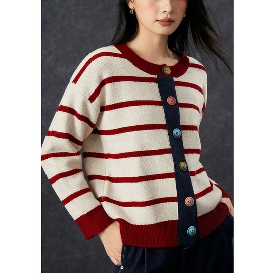 Basic House/Baijiahao retro contrast striped sweater winter new design round neck cardigan jacket