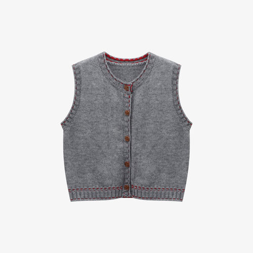 百家好休闲针织马甲春季新款撞色包边外搭小坎肩纽扣毛衣背心马夹 - 图2