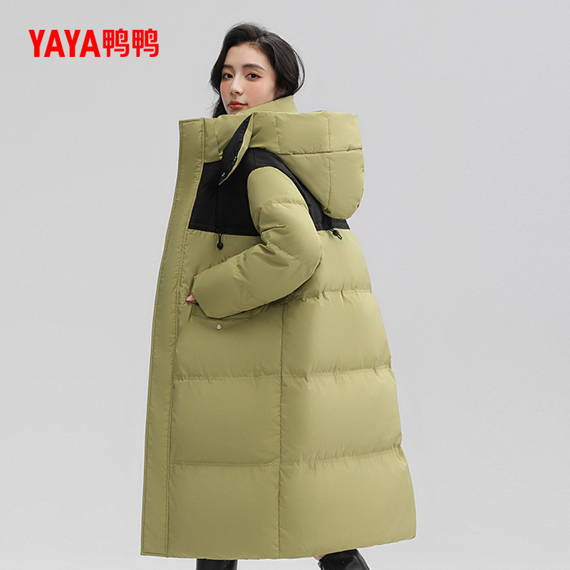 鸭鸭官方正品羽绒服冬季新品过膝情侣连帽时尚双拼色加厚保暖Q