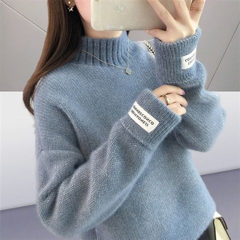 秋冬仿貂绒外穿宽松红慵懒风套头半高领毛衣