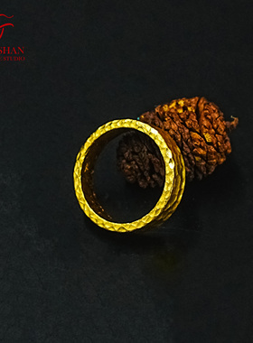 观山初见足金戒指原创男女设计纯金指环手工锤纹黄金情侣对戒