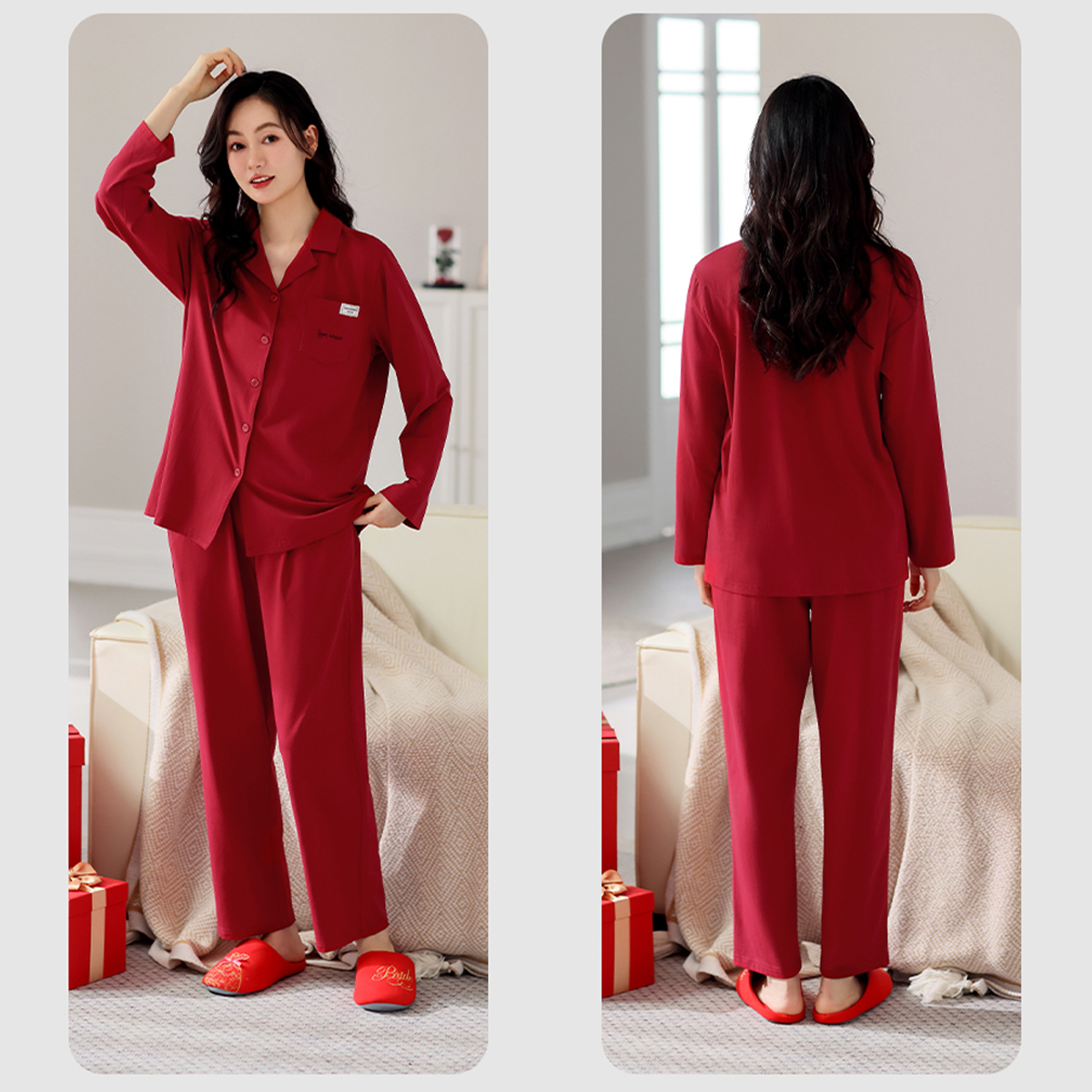 情侣睡衣女春秋新款纯棉新娘结婚红色翻领长袖本命年家居服套装男