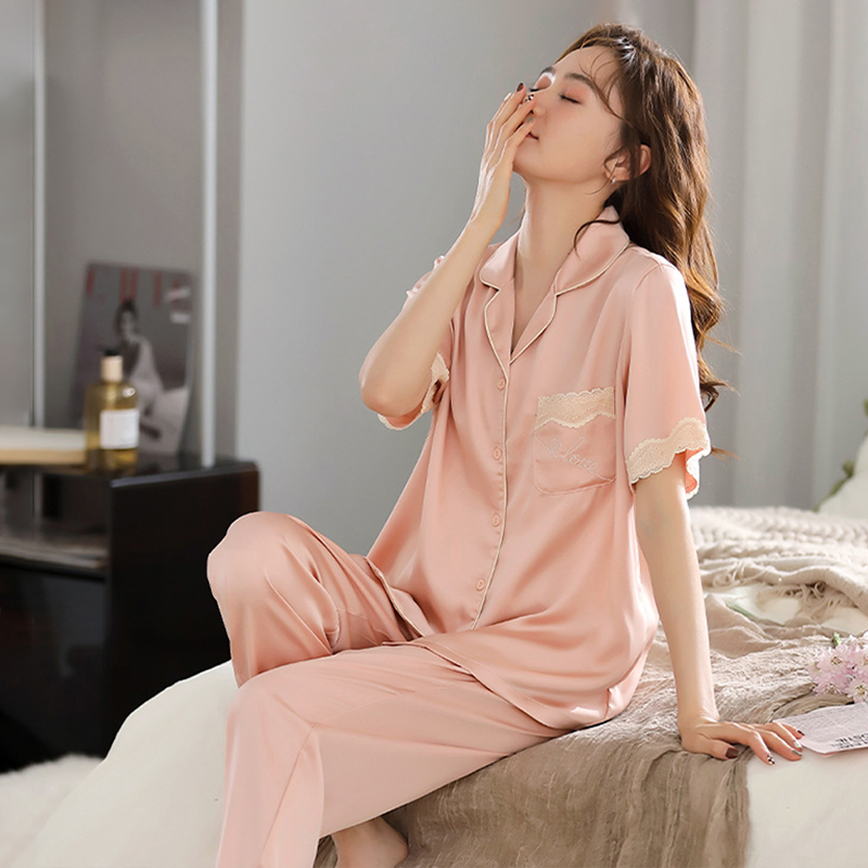 睡衣女款2024新款夏季薄款开衫短袖长裤可外穿大码凉感家居服套装