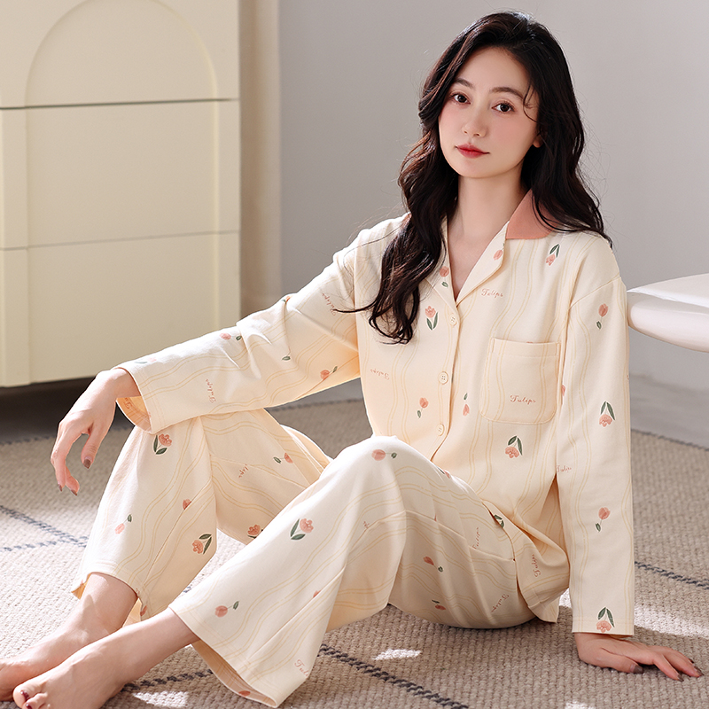 睡衣女款春秋纯棉抗菌翻领长袖2024新款可外穿早秋女士家居服套装