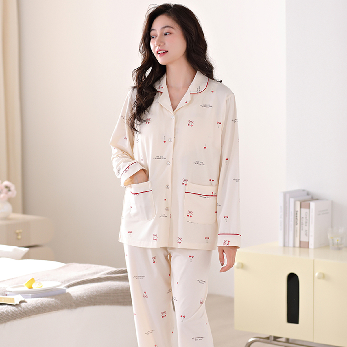 早秋家居服防凸点睡衣纯棉翻领长袖春秋新款可外穿女士家居服套装