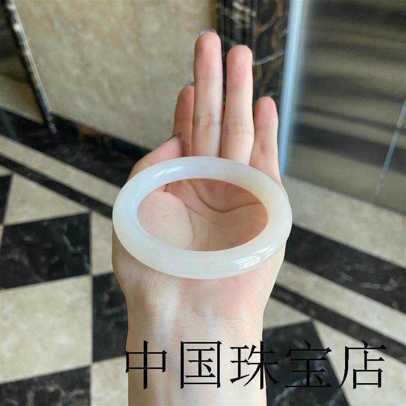 新疆和田玉青海俄料胖圆条手镯羊脂白玉金丝美人条玉镯子时尚女款