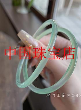 油青冰种翡翠色玉髓古风国风新中式叮当镯绿色半山半水细圆条手镯