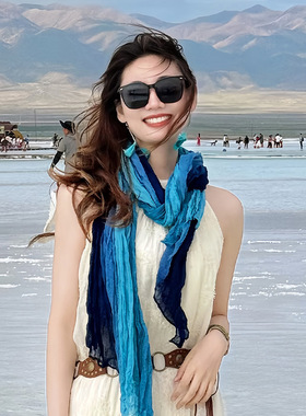 复古蓝色扎染褶皱围巾女茶卡盐湖