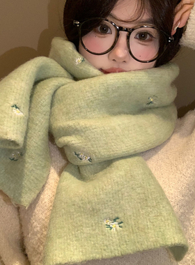 绿色花朵刺绣针织围巾女冬氛围感