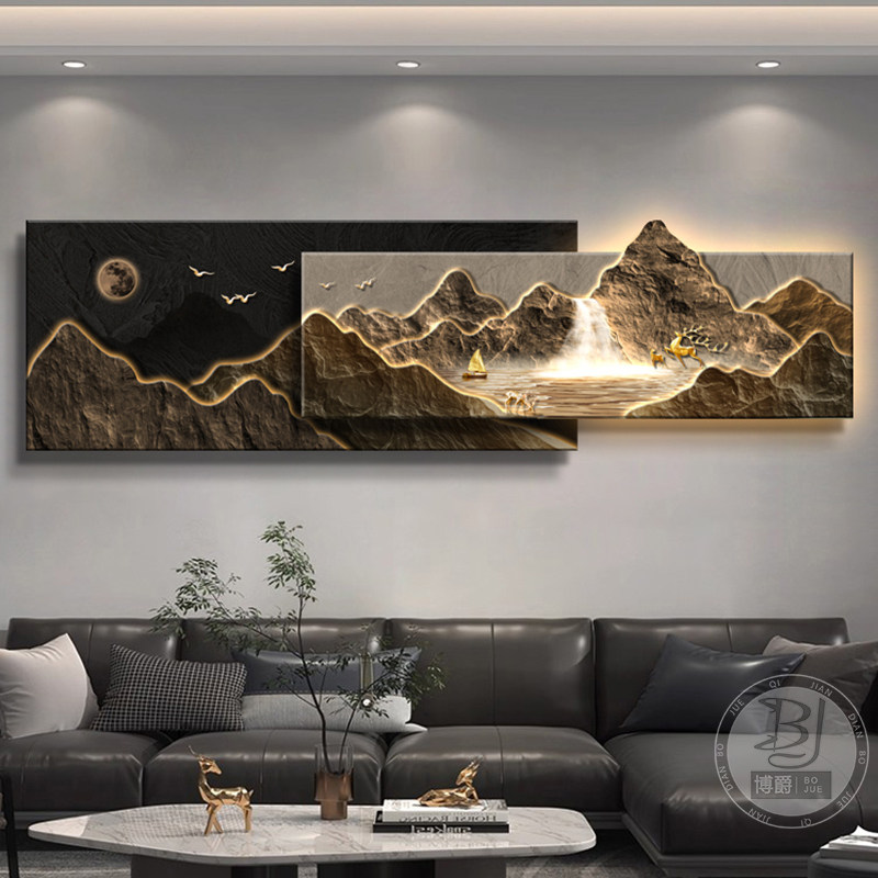 客厅装饰画背有靠山沙发背景墙画立体砂岩叠加壁画大气发光灯画,淘宝优惠券,粉丝福利购,淘宝优惠卷