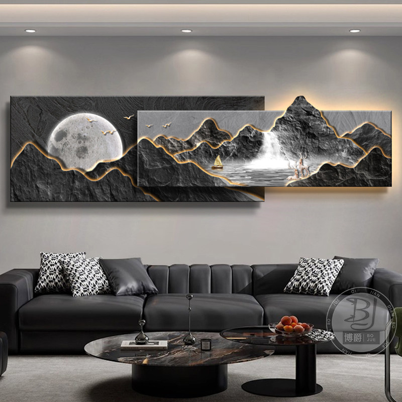 客厅装饰画背有靠山沙发背景墙画立体砂岩叠加壁画大气发光灯画,淘宝优惠券,粉丝福利购,淘宝优惠卷