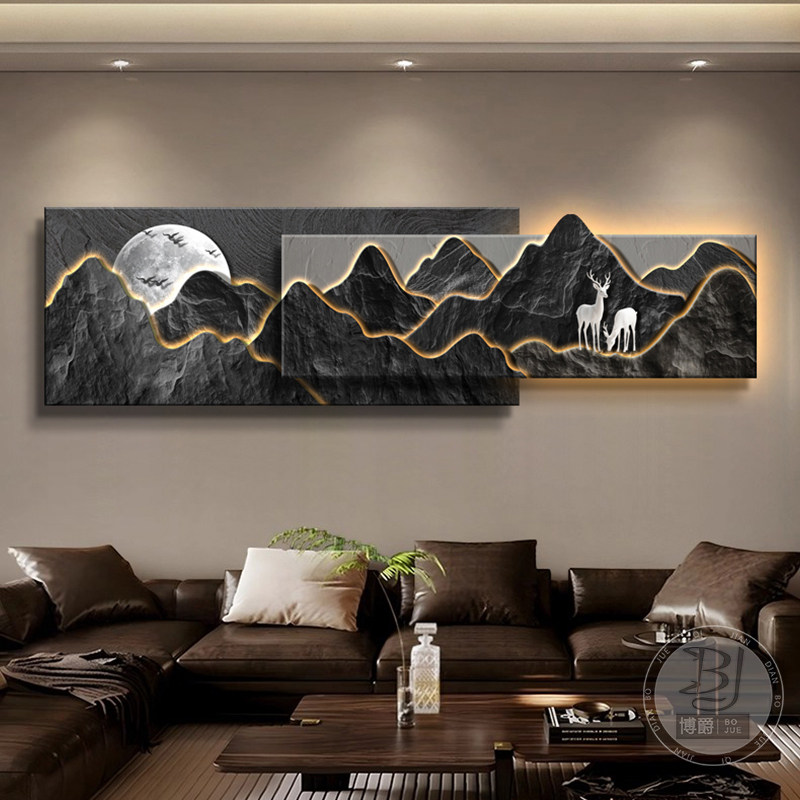 客厅装饰画背有靠山沙发背景墙画立体砂岩叠加壁画大气发光灯画,淘宝优惠券,粉丝福利购,淘宝优惠卷