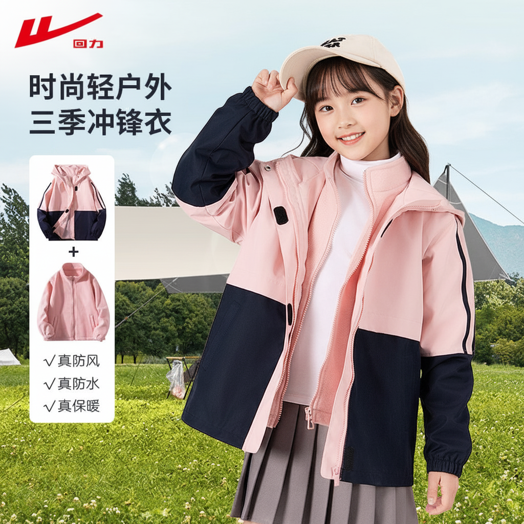 回力童装儿童冲锋衣外套男女童秋冬款三合一摇粒绒冬季小学生衣服