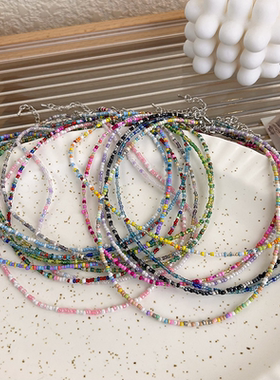 韩版复古马卡龙糖果色彩色串珠项链甜美可爱少女波西米亚颈链