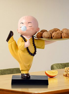新中式功夫小和尚托盘摆件小沙弥酒架禅意人物钥匙收纳玄关装饰品