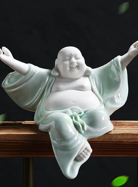 中国风禅意人物佛像客厅玄关办公室陶瓷和尚弥勒佛摆件青花瓷
