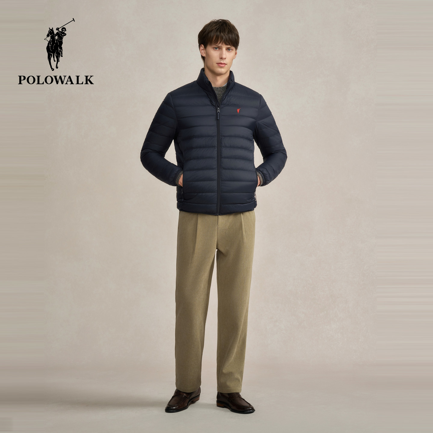 POLOWALK男式排骨羽绒服2025冬季新品简约百搭保暖立领90鸭绒外套
