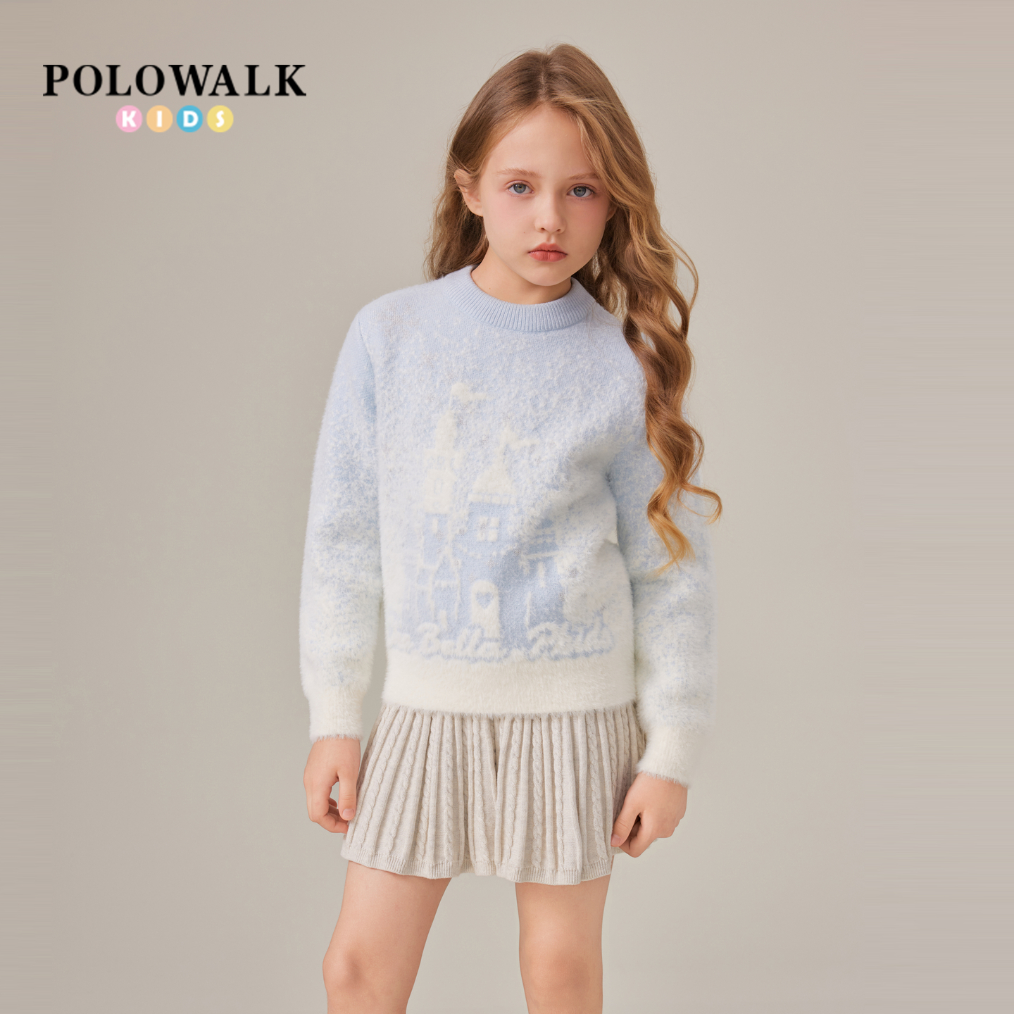 POLOWALK童装女童针织衫2025秋冬新品时尚提花圆领大童套头毛衣 - 图0