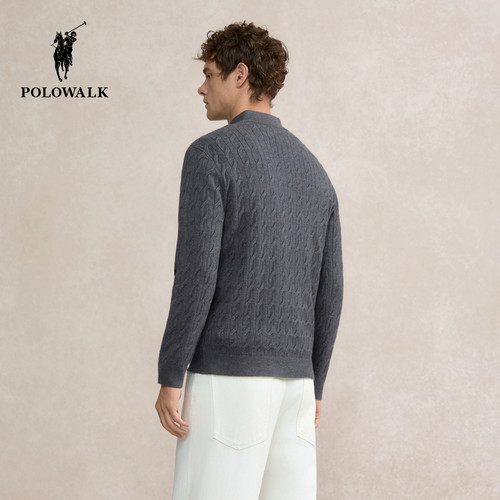 POLOWALK男装针织衫2025秋季新品商务休闲绞花立领套头半拉链上衣 - 图2