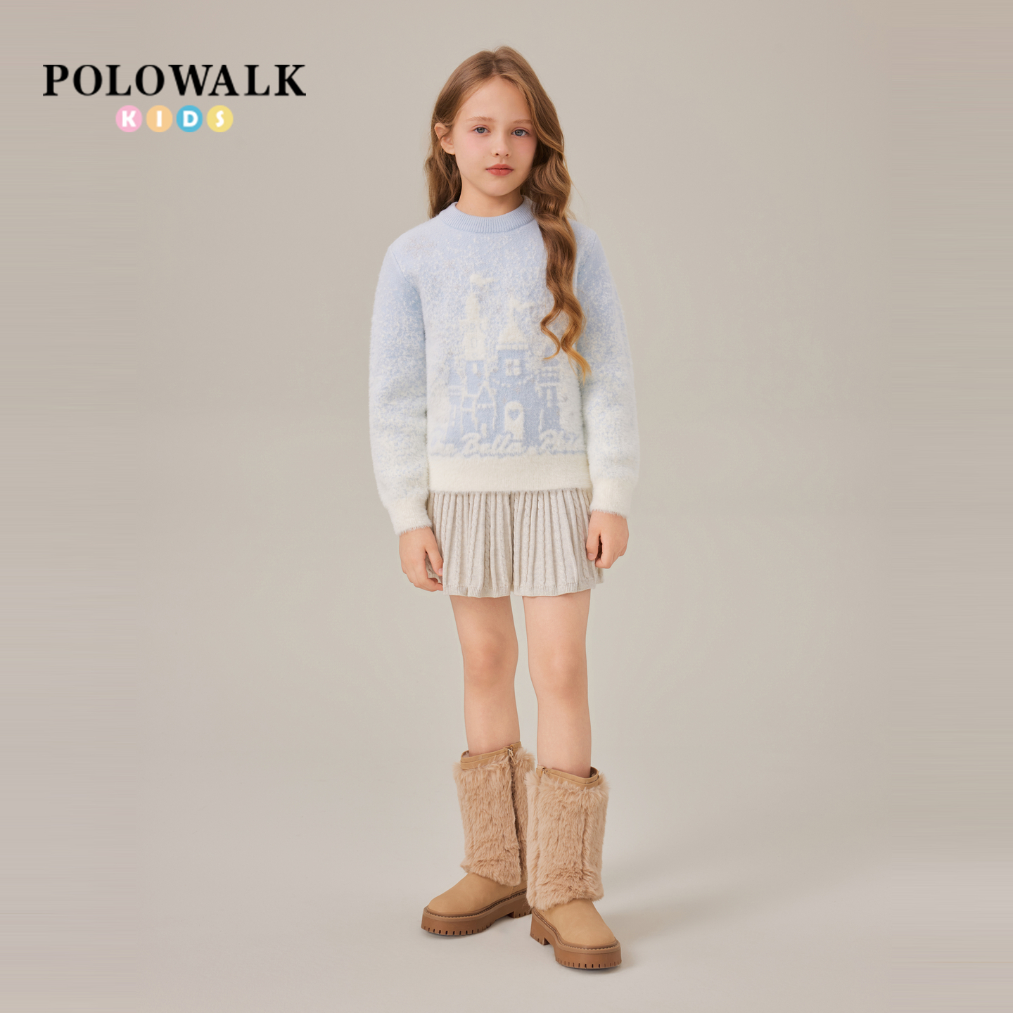 POLOWALK童装女童针织衫2025秋冬新品时尚提花圆领大童套头毛衣 - 图3