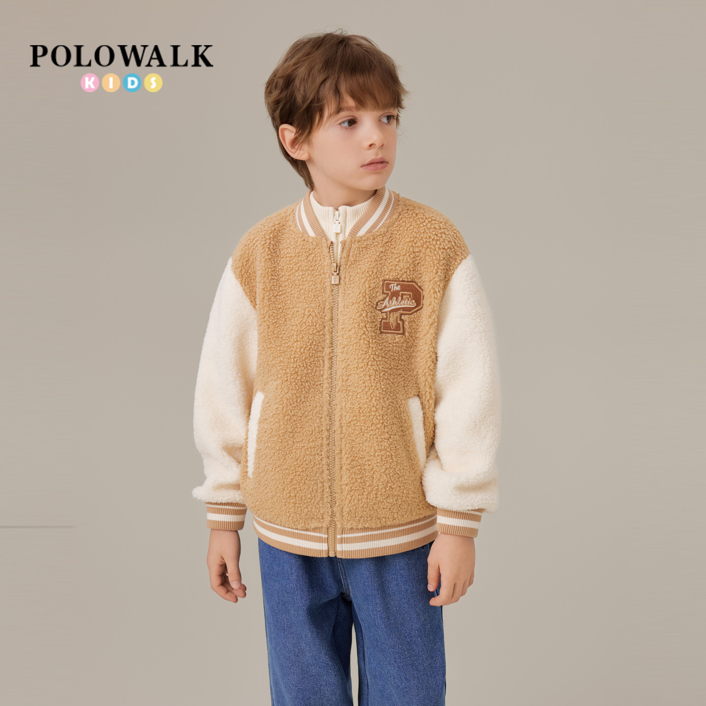POLOWALK童装男童外套2025秋冬新品时尚学院风撞色棒球领加绒外套,淘宝优惠券,粉丝福利购,淘宝优惠卷