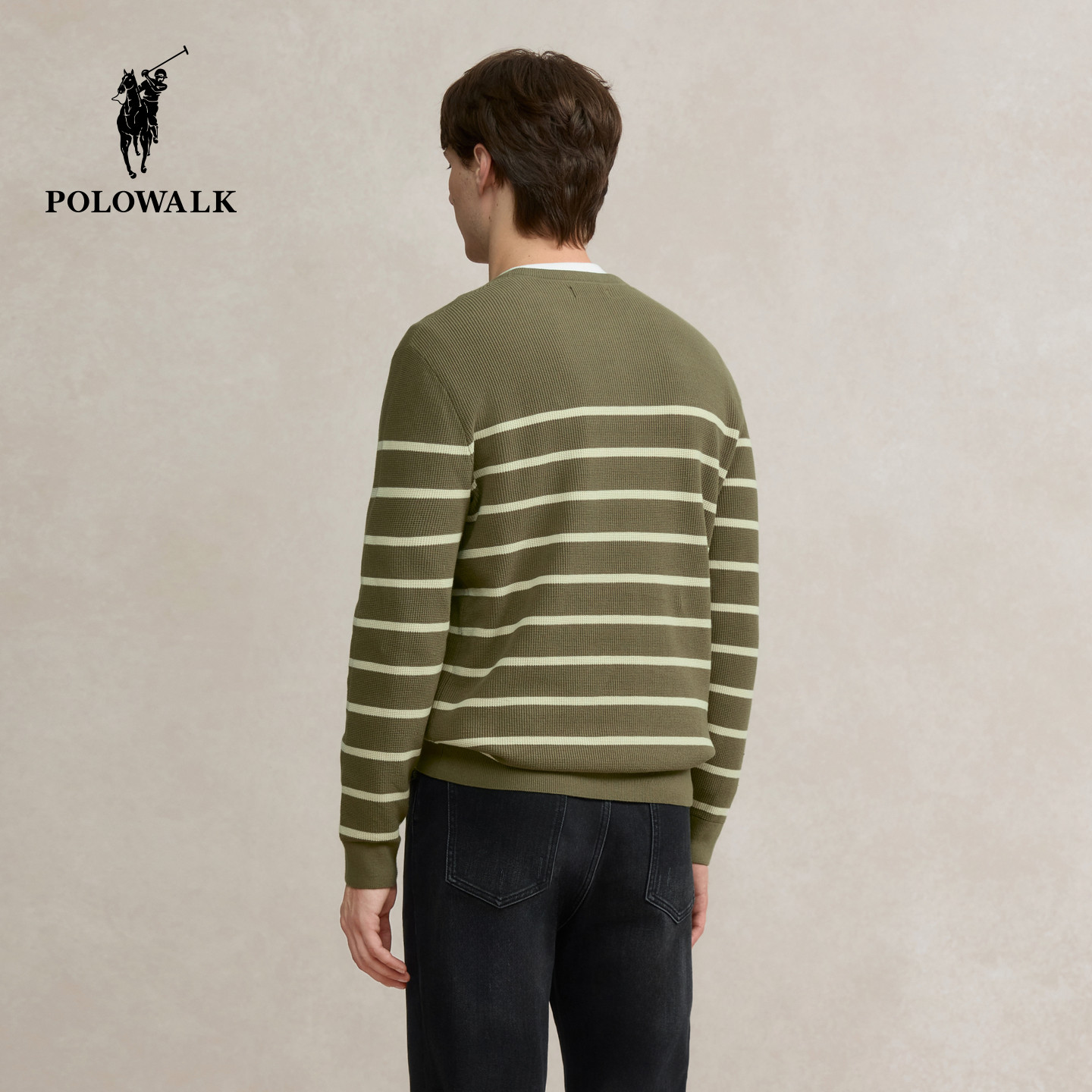 POLOWALK男式针织衫2025秋季新品条纹修身圆领套头上衣打底衫男,淘宝优惠券,粉丝福利购,淘宝优惠卷