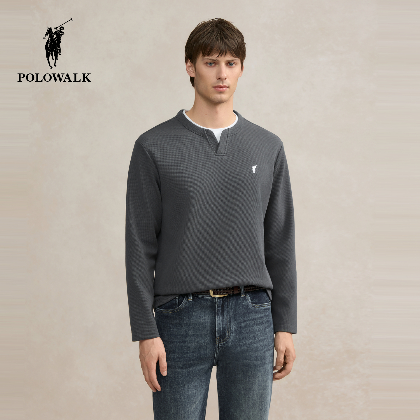 POLOWALK男式长袖T恤2025秋季新品简约韩系拼接领口百搭休闲上衣 - 图1