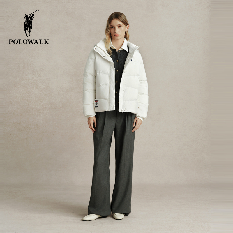 POLOWALK女士立领连帽羽绒服2024冬季新款90绒中长款面包服外套女