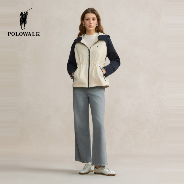 POLOWALK Women's Jacket 2025 Autumn New Fashion Contrast Color Top Waist Slim Casual Hooded Jacket