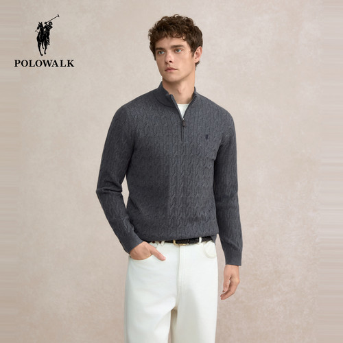 POLOWALK男装针织衫2025秋季新品商务休闲绞花立领套头半拉链上衣 - 图1