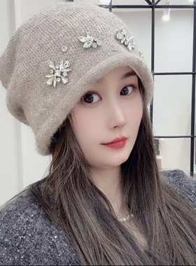 新款时尚重工雪花钻加厚保暖护耳针织堆堆帽洋气休闲显脸小包头帽