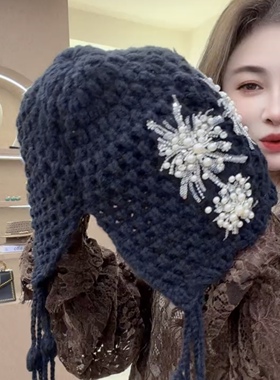 秋冬定制新款大烟花珠珠针织流苏帽显脸小复古韩系复古帽女款时尚