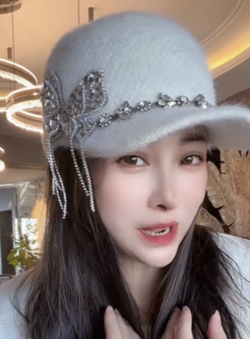 2025新款流苏蝴蝶结重工棒球帽女秋冬加厚保暖兔毛针织休闲显脸小