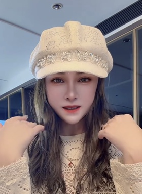 夏日新款八角帽遮阳防晒蕾丝镂空透气蝴蝶钻时尚旅拍百搭显脸小女
