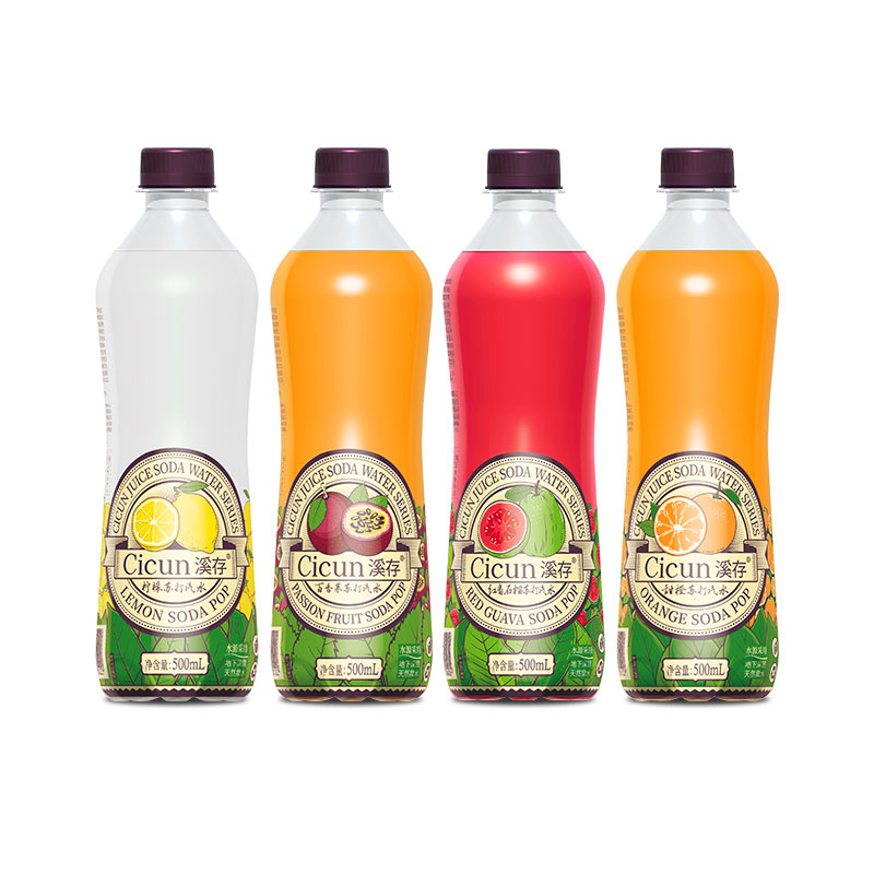 溪存苏打真果汁气泡水碳酸汽水柠檬百香果甜橙番石榴500ML大瓶装