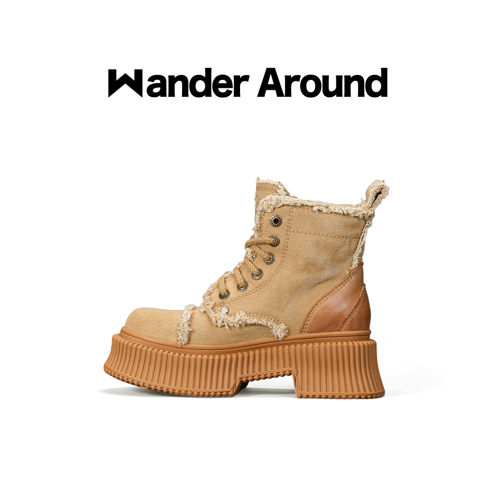 Wander Around漫行宝莉靴2024年爆款春夏黄色帆布厚底英伦马丁靴 - 图0