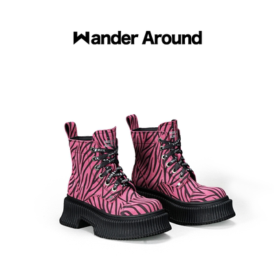 Wander Around 宝莉靴2023年秋季新款粉色斑马马丁靴国潮女款
