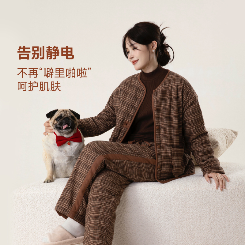 宜色家新款2024秋冬美拉德圆领细格子棉服外套加厚保暖棉衣家居服