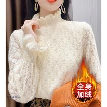 Flocking Plus Suede Lace Jersey Undershirt Woman Long Sleeve Autumn Winter Semi-High Necklace Sweatshirt Warm blouses warm blouses