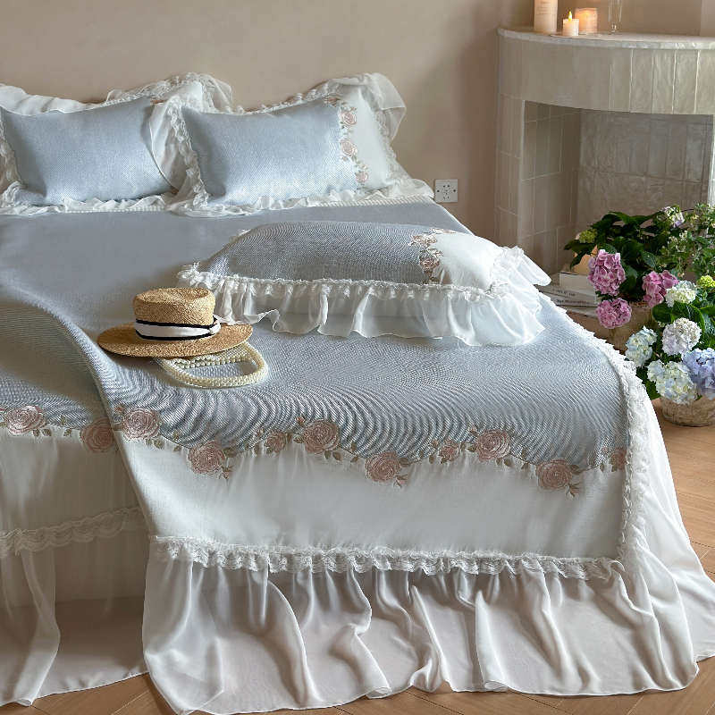 小清新夏季冰丝凉席三件套可水洗少女心刺绣床裙款1.8米空调软席,淘宝优惠券,粉丝福利购,淘宝优惠卷