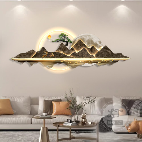 轻奢led带灯迎客松客厅装饰画沙发背景墙挂画简约现代高级感灯画 - 图0