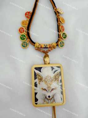 新款九尾半手绘描金精工唐卡吊坠吉祥如意项链正品狐仙牌桃花