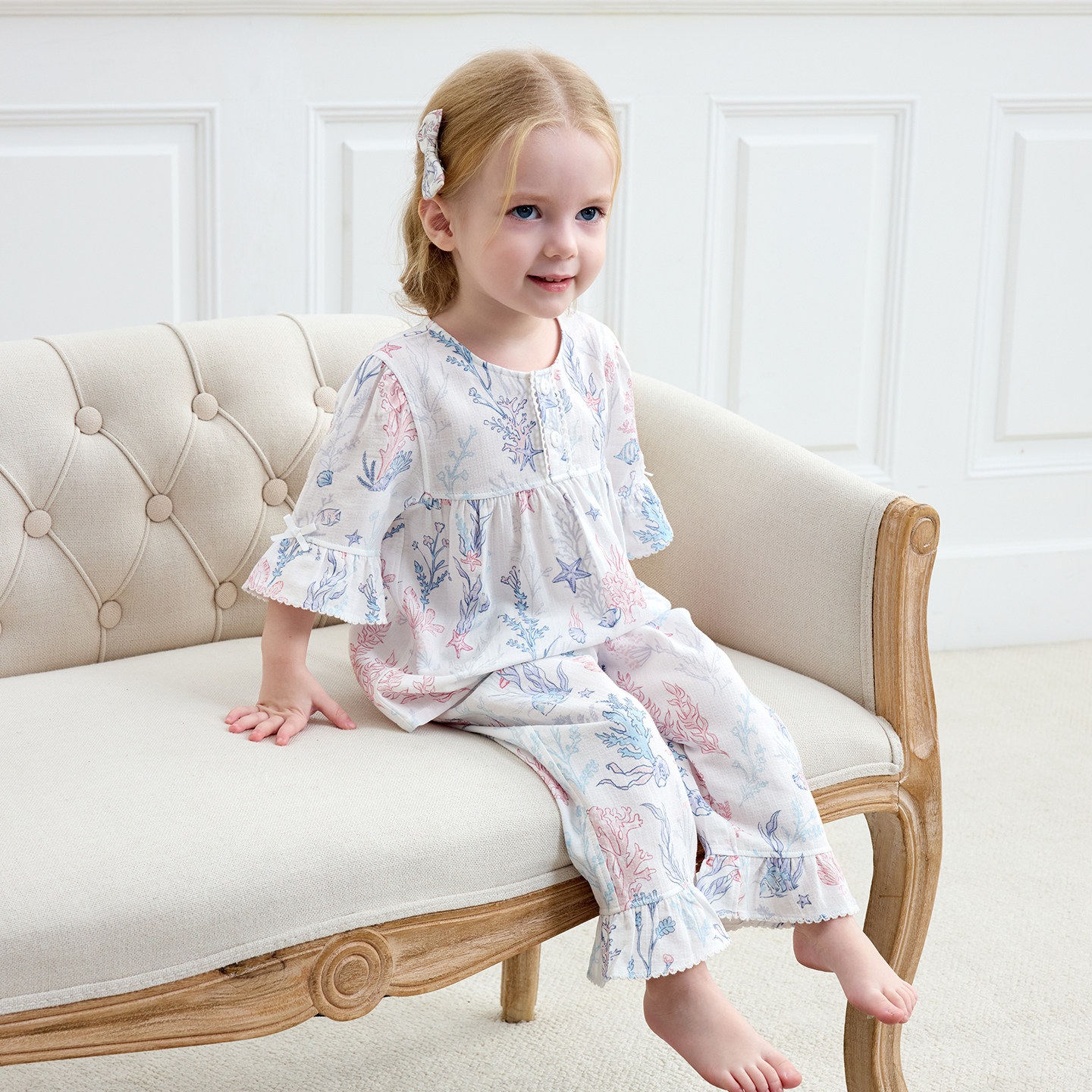 【新品】Domiamia儿童家居服套装女童纱布睡衣居家七分袖宝宝衣服,淘宝优惠券,粉丝福利购,淘宝优惠卷