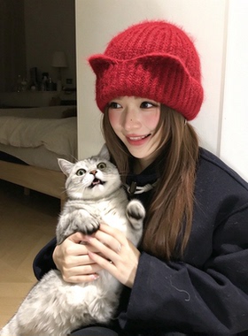 秋冬猫耳针织帽保暖护耳显脸小