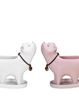 2 Piece Cat-Planter Ceramic Plant Pots White & Pink