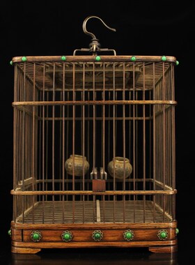 古玩旧藏老货鸟笼花梨木笼子小号紫E竹雕刻圆笼相思笼装饰竹鸟笼