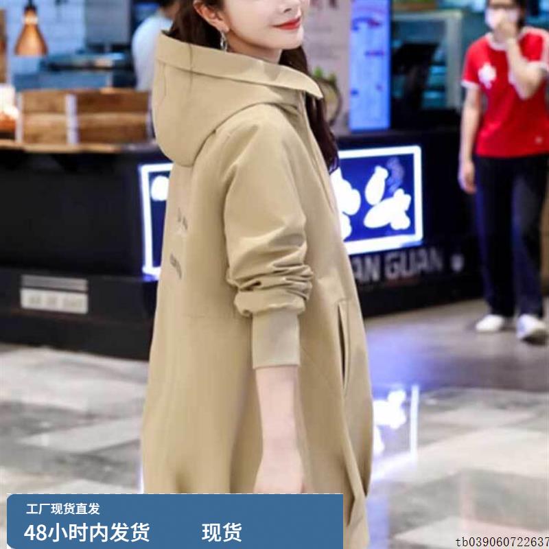 大码连帽印花风衣外套女士秋装2025新款中长款宽松休闲小个子大衣 - 图1