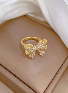 【真金】轻奢蝴蝶锆石戒指开口可调节款简约手饰日系指环情侣对戒