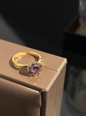 2024新款超闪旋转紫锆石小花朵戒指女不掉色时尚气质简约开口戒指